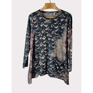 Logo Lori Goldstein Black Gray Tie Dye Knit Top XL Shirt Asymmetrical Hem Pocket